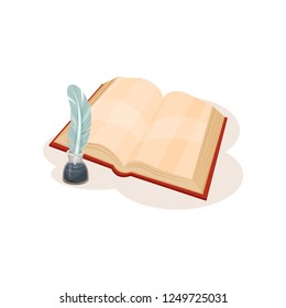 Vintage quill pen, inkwell and open book, symbols of retro writing vector Illustration on a white background