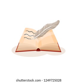 Vintage quill pen and open book, science and knowledge concept, symbols of retro writing vector Illustration on a white background