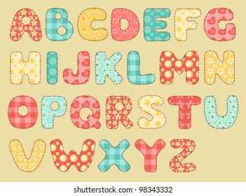 Vintage Quilt Alphabet. Set Patchwork Letters. Vector Illustration.