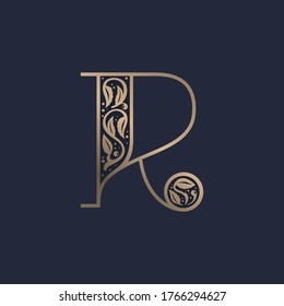 Vintage R letter logo with premium decoration. Classic line serif font. Vector icon perfect to use in any alcohol labels, glamour posters, luxury identity, etc.