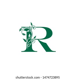 Vintage R Letter Luxury Logo. Letter R With Green Floral Shape design perfect for fashion, Jewelry, Beauty Salon, Hotel Logo. Cosmetics, Spa Logo. Resort and Restaurant Logo. 