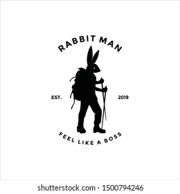 Vintage rabbit man Adventure logo vector. Unique original. Half body of animal and human with back pack.  Climb, 

hiking, outdoor hobby activity. Curious, professional, bold, character. icon profile.