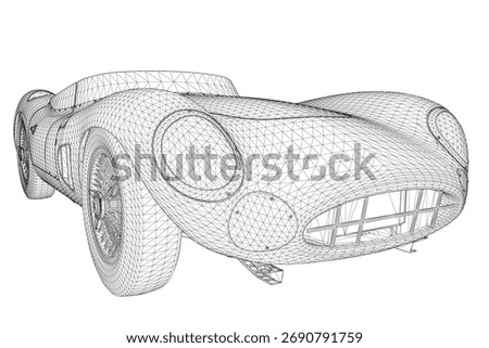 Vintage race car 3D wireframe model rendered realistically in retro sport cabriolet style on a clean white background.