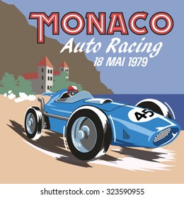 vintage race car for printing.Monaco retro car race.