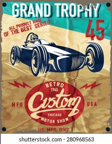 Vintage Race Car For Printing.vector Old School Poster.