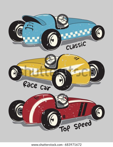 Vintage race cars typography t-shirt\
graphic isolated on gray background illustration\
vector.