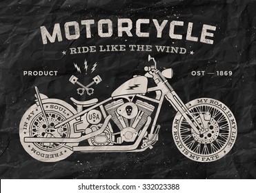 Vintage race motorcycle old school style. Black and white poster, print for t-shirt. Vector illustration