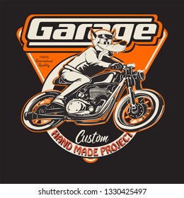 vintage race motorcycle for printing.vector old school race poster.wolf cartoon illustration