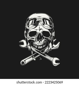 vintage racer skull design with cross wrench