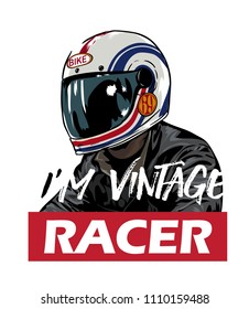 vintage racer in white helmet and leather jacket illustration