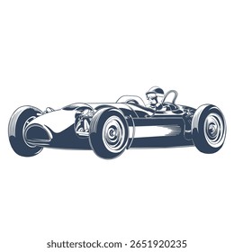 Vintage racing car with helmeted driver in motion, retro motorsport vector illustration in hand-drawn engraving style