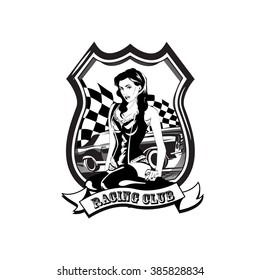 Vintage racing car label with a woman, retro sport vector sign
