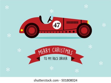 vintage racing car merry christmas greeting card vector