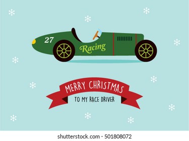 vintage racing car merry christmas greeting card vector