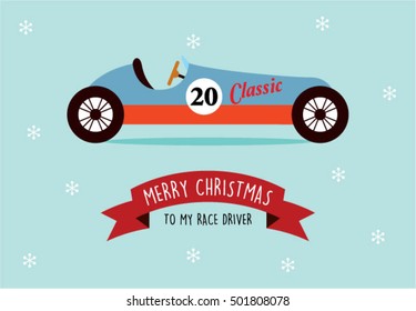 vintage racing car merry christmas greeting card vector