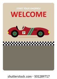 vintage racing car start your engines welcome card vector
