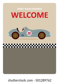 vintage racing car start your engines welcome card vector