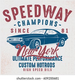 vintage racing car, T-shirt Graphics, Vintage typography, vector illustration

