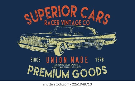 vintage racing car vector illustration, tee print design with vector car drawn, Vector vintage american muscle car, T-shirt Graphics