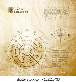 Vintage radar screen over grid lines and map. Vector illustration, contains transparencies, gradients and effects.