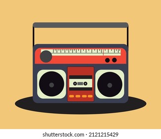 Vintage radio, and audio cassette from the 90's, sketch vector illustration isolated on brown background.