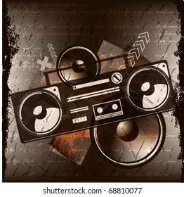 Vintage radio cassette recorder grunge background