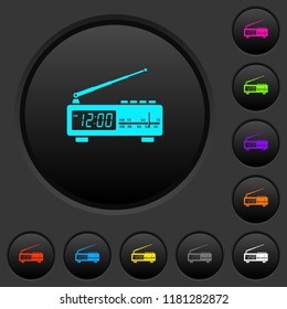 Vintage radio clock dark push buttons with vivid color icons on dark grey background