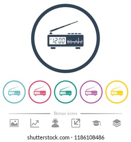 Vintage radio clock flat color icons in round outlines. 6 bonus icons included.