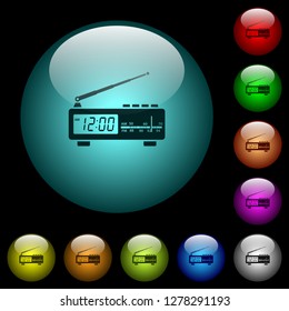 Vintage radio clock icons in color illuminated spherical glass buttons on black background. Can be used to black or dark templates