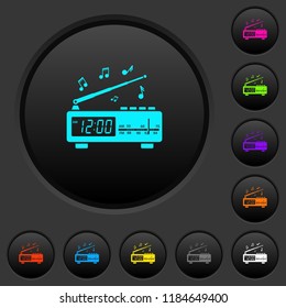 Vintage radio clock with music dark push buttons with vivid color icons on dark grey background