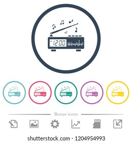 Vintage radio clock with music flat color icons in round outlines. 6 bonus icons included.