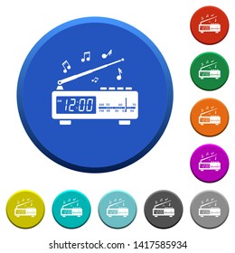 Vintage radio clock with music round color beveled buttons with smooth surfaces and flat white icons