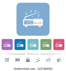 Vintage radio clock with music white flat icons on color rounded square backgrounds. 6 bonus icons included