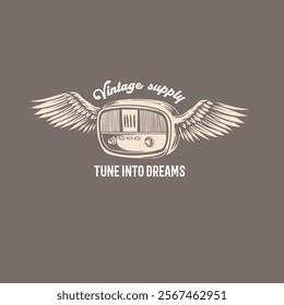 Vintage Radio Design with Wings and Inspirational Text Artwork