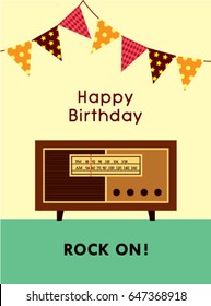 vintage radio happy birthday rock on greeting vector