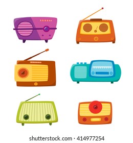 Vintage radio isolated on white background. Vector illustration of retro cartoon radio. Old radio vintage set used for vector icons or design elements.