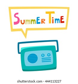 Vintage radio isolated on white background with bubble. Vector illustration of retro cartoon radio. Old radio  with text Summer Time used for invitation, poster.