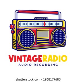 Vintage Radio Mascot Cartoon Logo Template. Tape Radio Editable Logo. Music and Hobby Concept Flat Cartoon Style