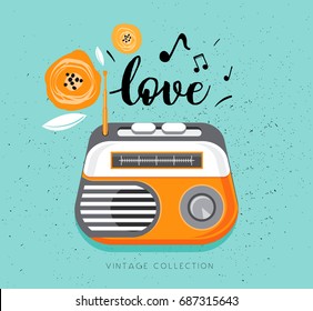 Vintage radio on blue  background. Vector illustration. Flat style.