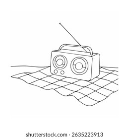 Vintage radio on picnic blanket simple line art illustration in black and white