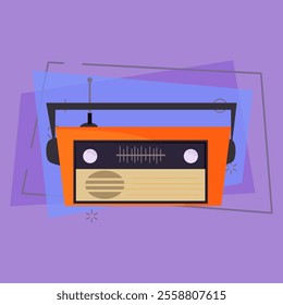 Vintage radio receiver. Orange set with wave, handle and antenna. Radio concept. Vector illustration can be used for topics like broadcasting, fm channel, frequency