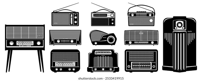 Receptores de radio de Antiguas. Estacionario y portátil. Colección de Clipart de Vector blanco y negro aislados en blanco.