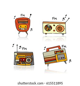Vintage radio set, sketch for your design. Vector illustration