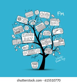 Vintage radio tree, sketch for your design. Vector illustration