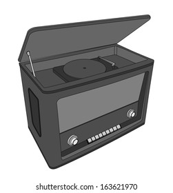 Vintage radio-gramophone with a raised lid and a gramophone record