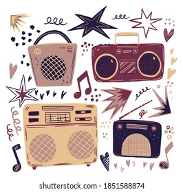 Vintage radios and tape recorders. Collection of flat hand drawn vector illustrations. Colorful simple music elements in scandinavian style. Set for design, print, decor, card, sticker, banner, poster