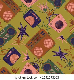 Vintage radios and tape recorders. Seamless pattern of flat hand drawn vector illustrations. Colorful simple music background in retro style. Design for print, decor, card, fabric, textile, poster etc
