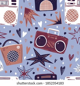 Vintage radios and tape recorders. Seamless pattern of flat hand drawn vector illustrations. Colorful simple music background in retro style. Design for print, decor, card, fabric, textile, poster etc