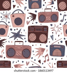Vintage radios and tape recorders. Seamless pattern of flat hand drawn vector illustrations. Gentle simple music background in retro style. Design for print, decor, card, fabric, textile, poster etc.