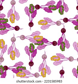 Vintage radish seamless pattern. Radish with leaves endless wallpaper. Vegetarian food backdrop. Design for fabric, textile print, wrapping paper. Vector illustration